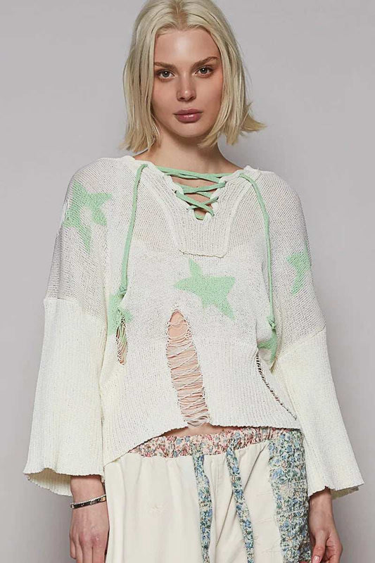 POL Distressed Lace-Up Star Pattern Hooded Hooded Sweater - Trendsi - Flyclothing LLC