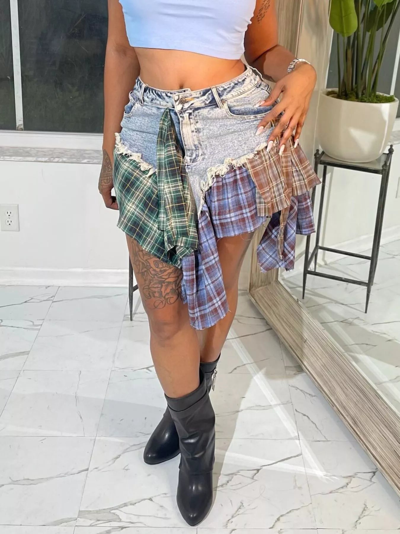 Asymmetrical Patchwork Plaid Denim Skirt - Trendsi - Flyclothing LLC