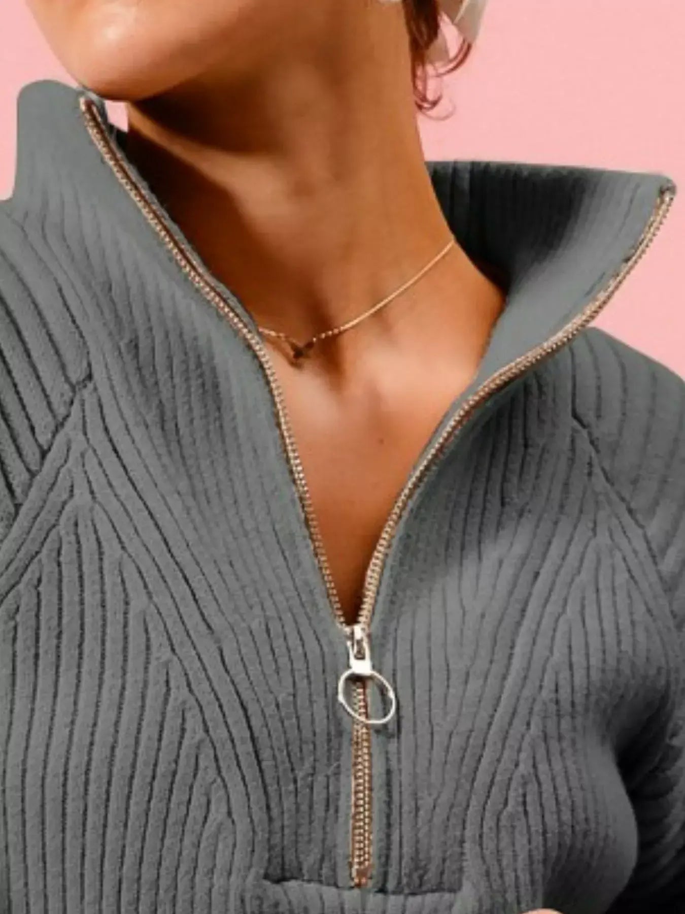 SO ME Half Zip Raglan Balloon Sleeves Ribbed Sweater - Trendsi - Flyclothing LLC
