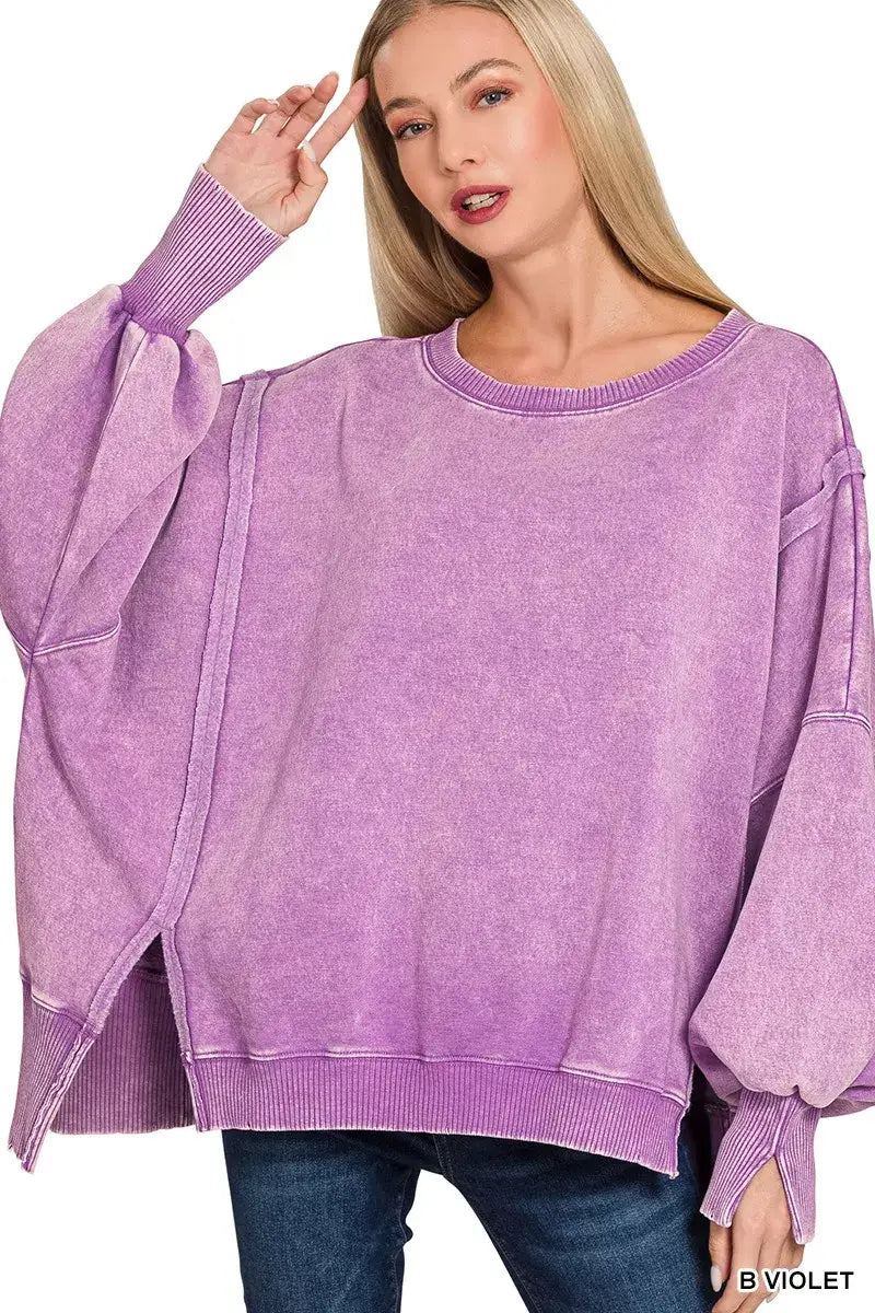 Zenana Acid Washed Batwing Sleeve Fleece Sweatshirt - Trendsi - Flyclothing LLC