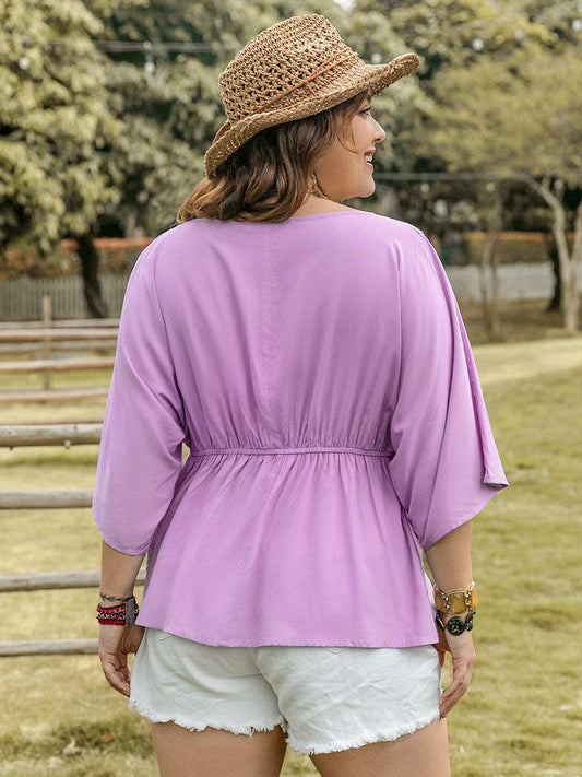 Plus Size Lace Detail Round Neck Three-Quarter Sleeve Blouse - Trendsi - Flyclothing LLC