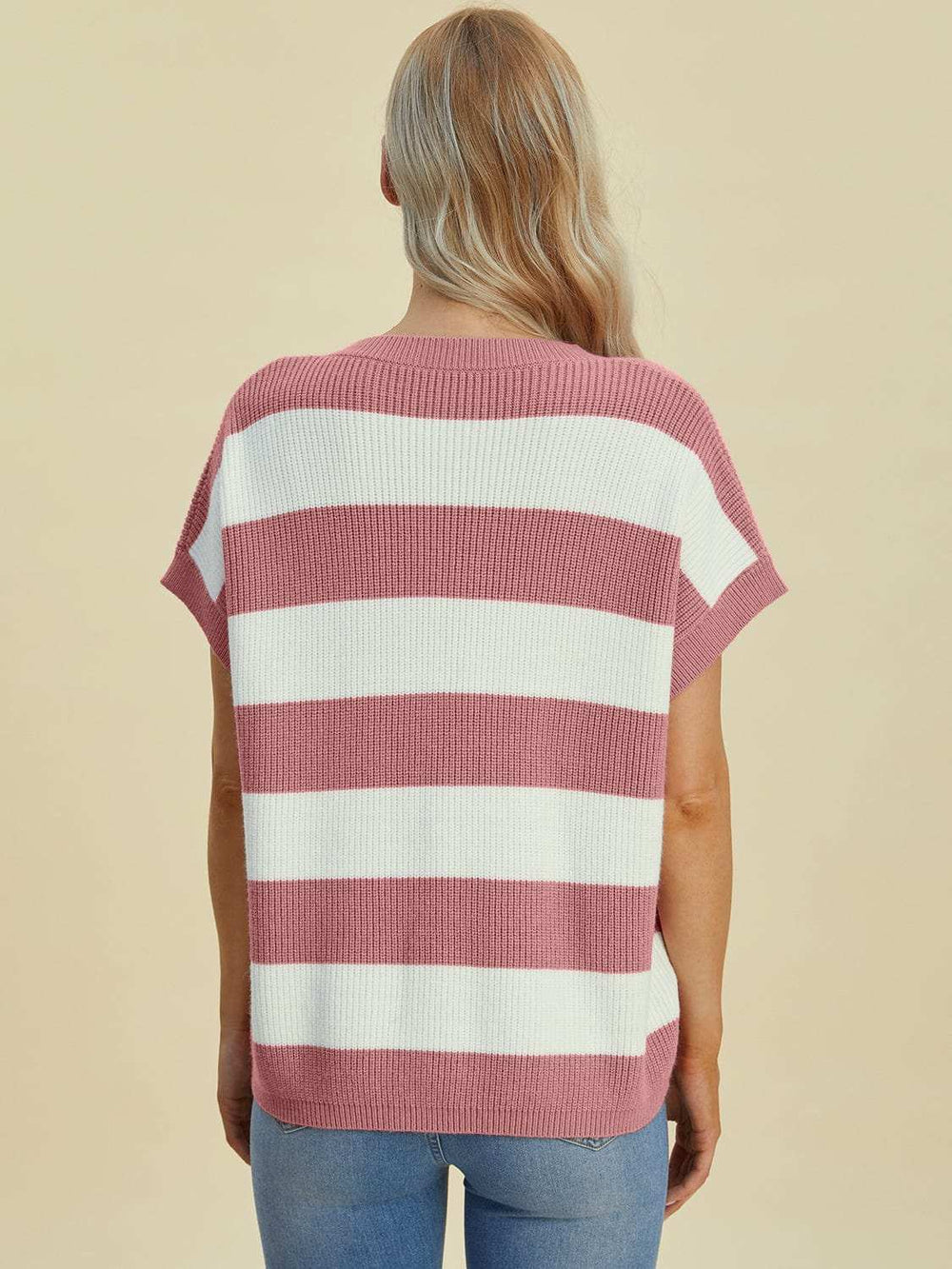Double Take Full Size Striped V-Neck Short Sleeve Sweater - Trendsi - Flyclothing LLC