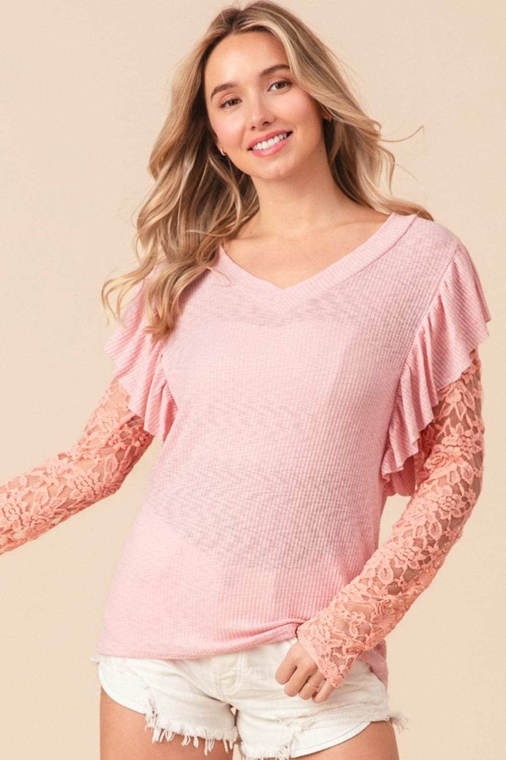 BiBi Ruffled Lace Sleeve Rib Knit Top - Trendsi - Flyclothing LLC