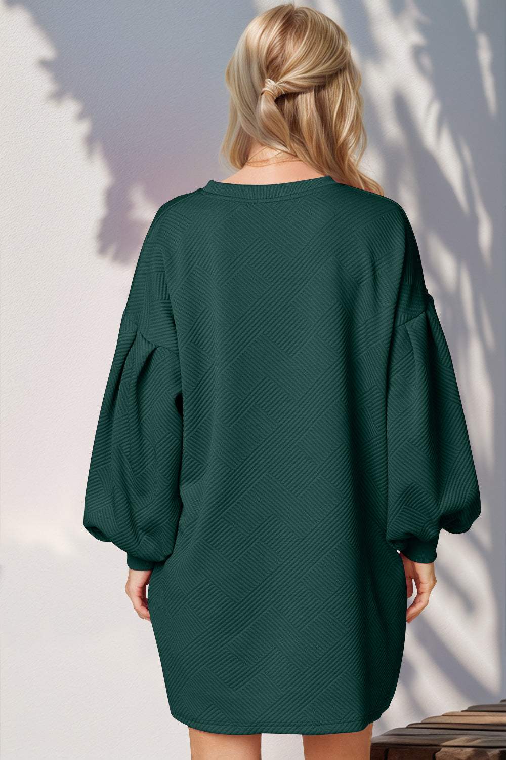 Double Take Drop Shoulder Lantern Sleeve Texture Mini Dress with Pockets - Trendsi - Flyclothing LLC