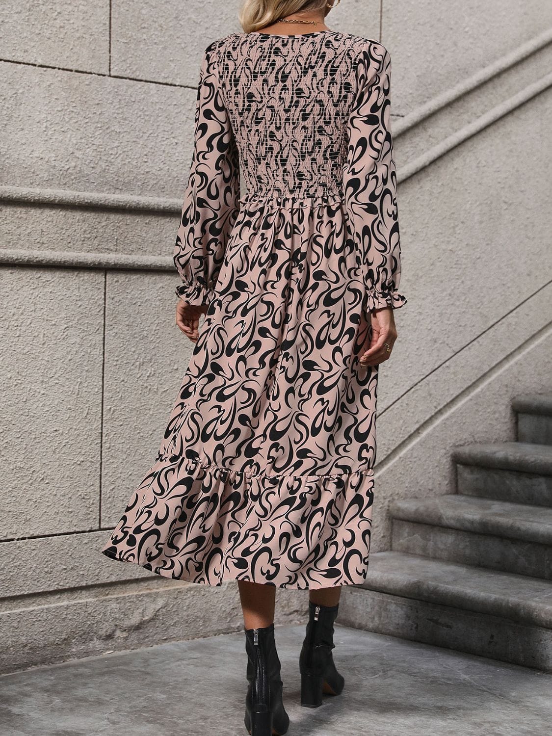 Printed V-Neck Long Sleeve Midi Dress - Trendsi