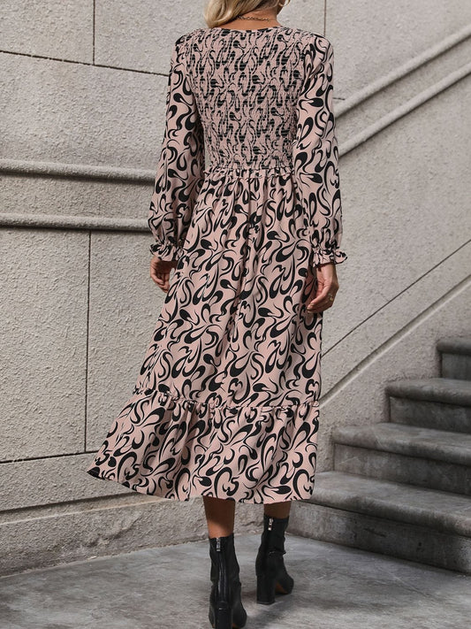 Printed V-Neck Long Sleeve Midi Dress - Trendsi