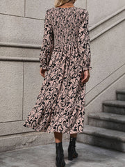 Printed V-Neck Long Sleeve Midi Dress - Trendsi