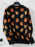 Maple Leaf Round Neck Long Sleeve Sweater - Trendsi