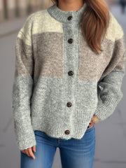 Color Block Round Neck Button Up Cardigan - Trendsi