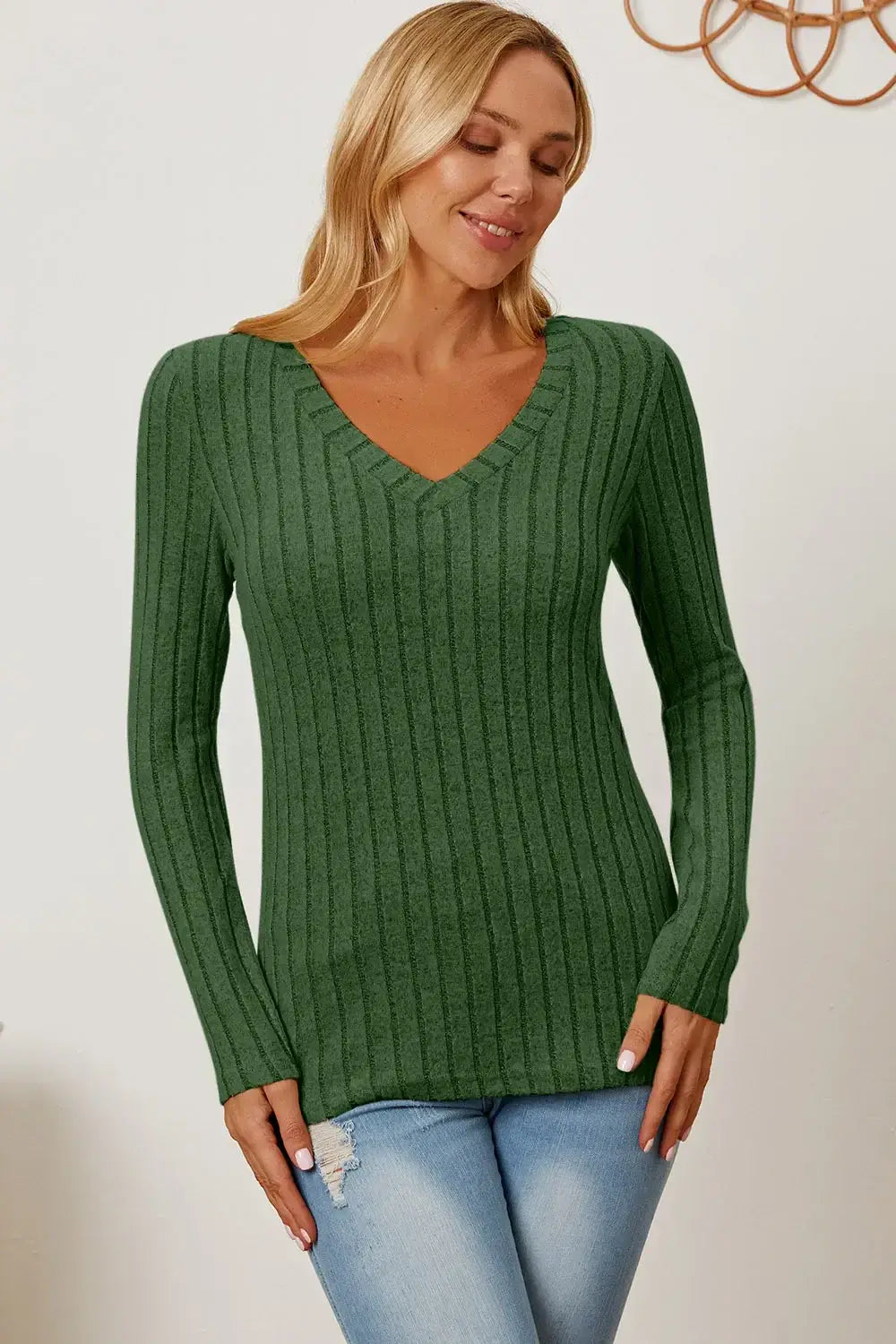 Basic Bae Full Size Ribbed V-Neck Long Sleeve T-Shirt - ShopBasicbae - Flyclothing LLC