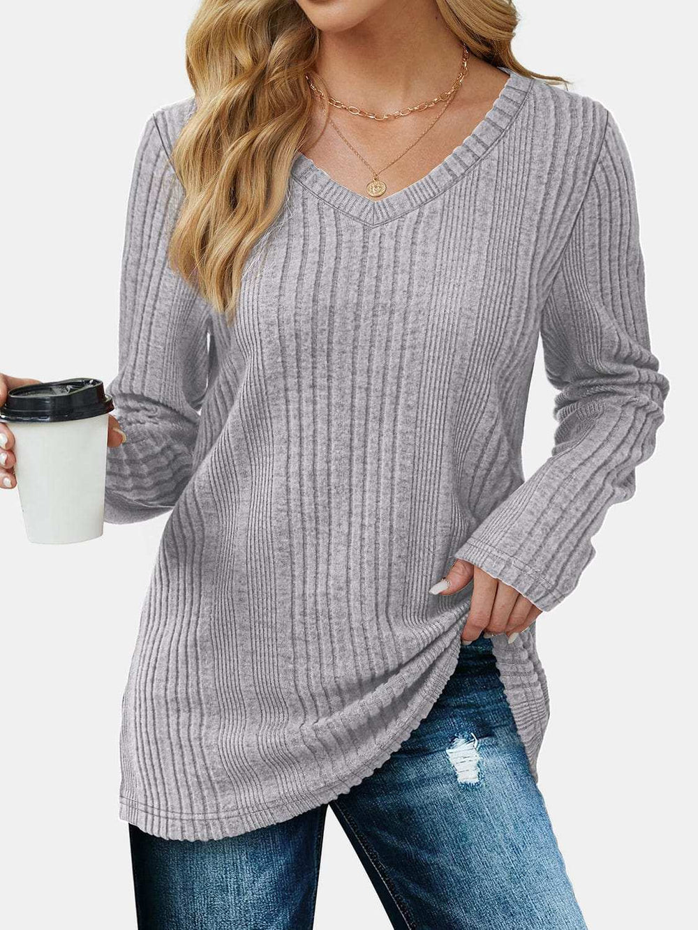 V-Neck Long Sleeve T-Shirt - Trendsi - Flyclothing LLC