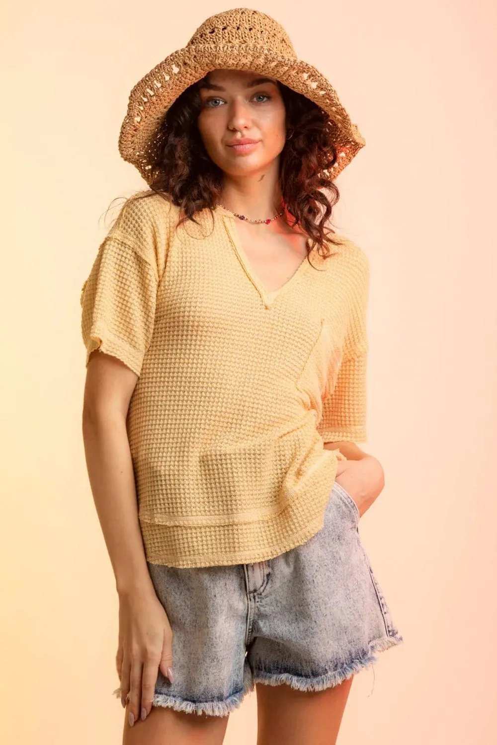 Waffle-Knit Notched Half Sleeve T-Shirt - Trendsi - Flyclothing LLC