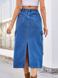 Slit Midi Denim Skirt with Pockets - Trendsi