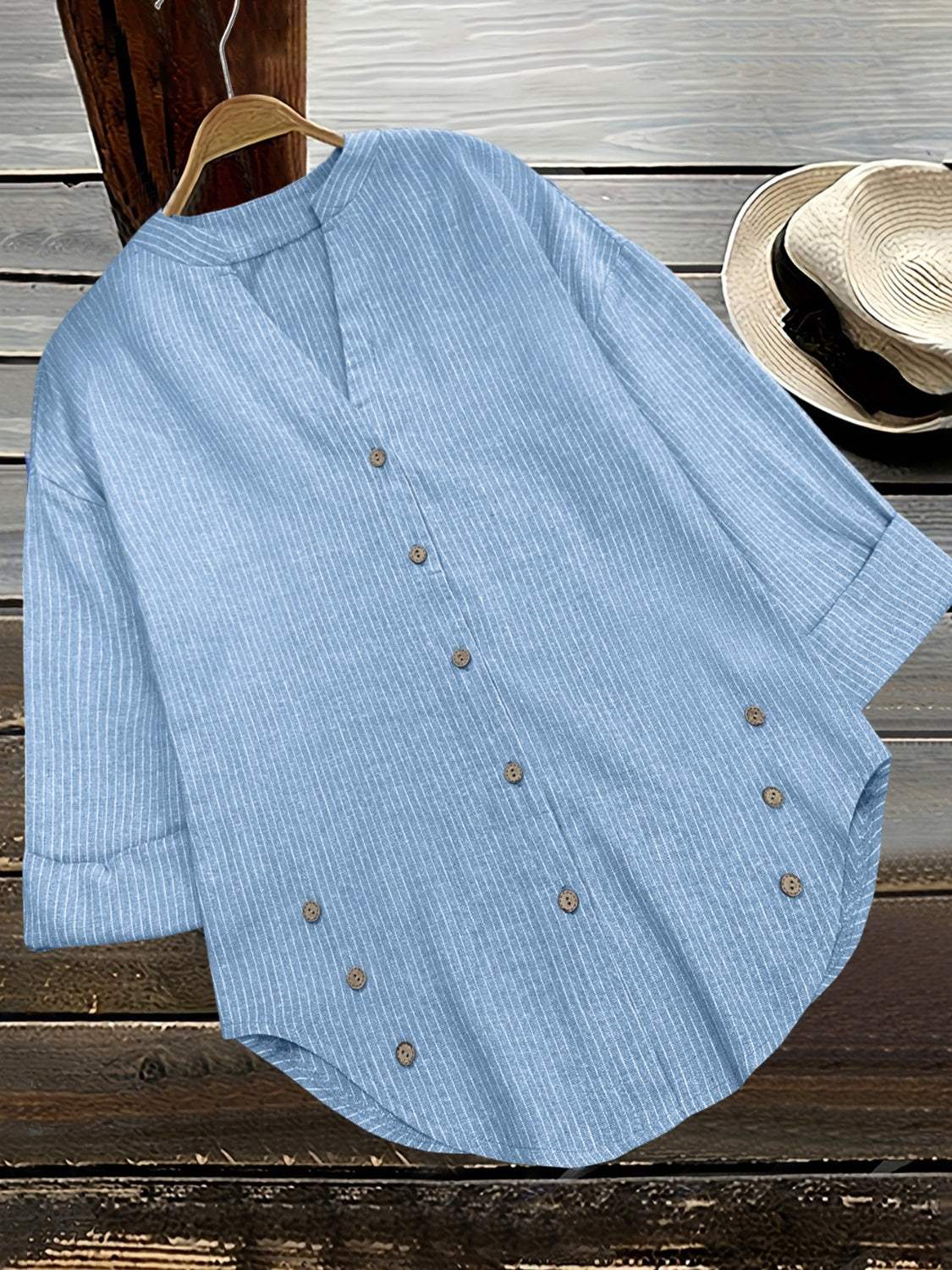 Striped Notched Long Sleeve Blouse - Trendsi - Flyclothing LLC