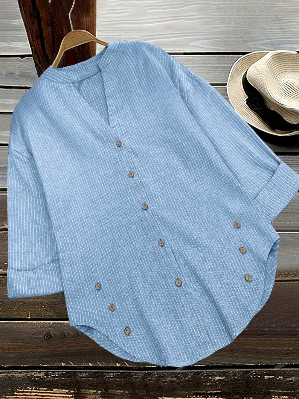 Striped Notched Long Sleeve Blouse - Trendsi - Flyclothing LLC