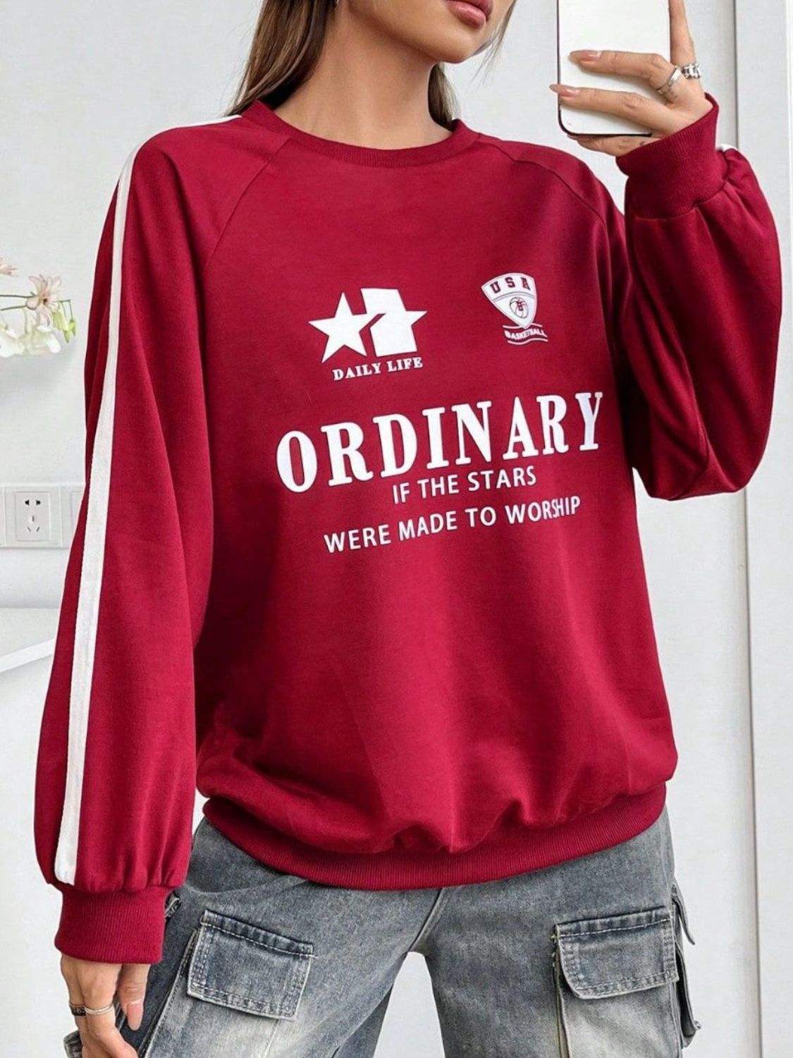 Letter Graphic Round Neck Long Sleeve Sweatshirt - Trendsi - Flyclothing LLC