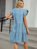 Tiered Round Neck Short Sleeve Denim Dress - Trendsi - Flyclothing LLC
