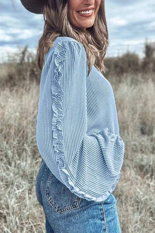 Frill Texture Round Neck Long Sleeve Sweatshirt - Trendsi - Flyclothing LLC