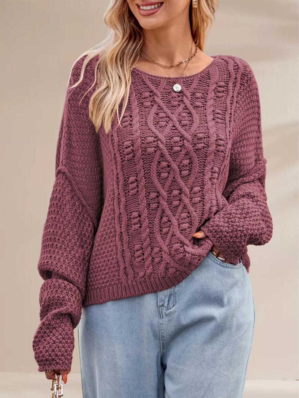 Textured Knit Round Neck Sweater - Trendsi - Flyclothing LLC