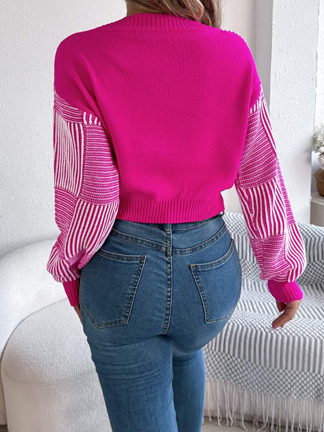 Striped V-Neck Long Sleeve Sweater - Trendsi - Flyclothing LLC