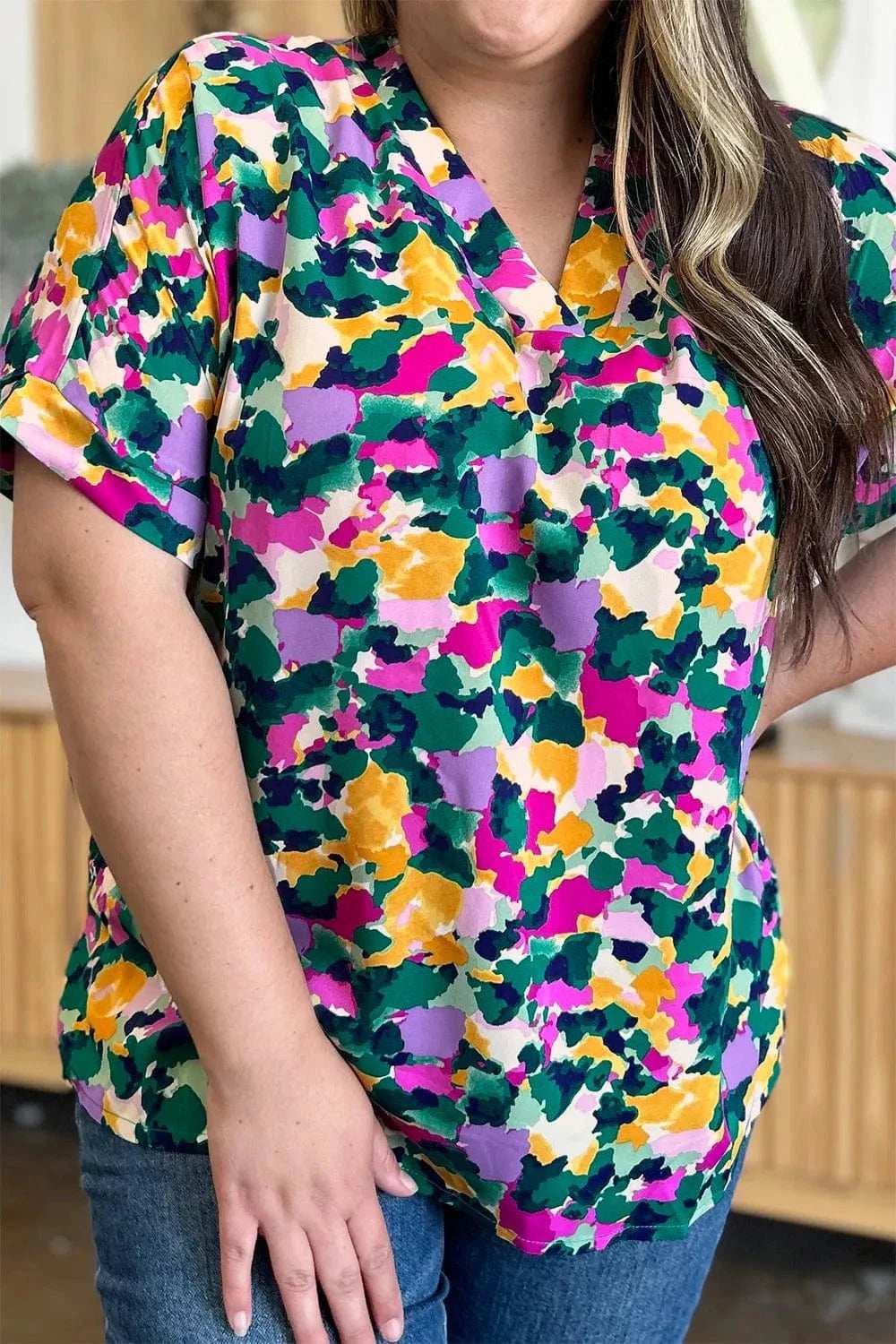 Double Take Full Size Printed V-Neck Short Sleeve Side Slit Top - Trendsi - Flyclothing LLC