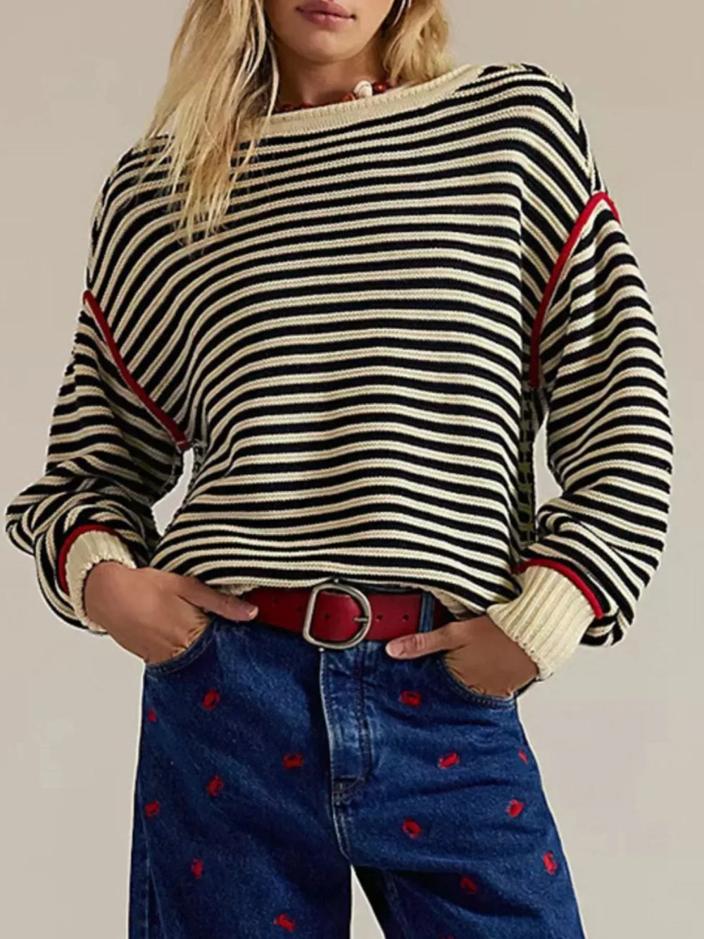 Striped Knit Round Neck Sweater - Trendsi - Flyclothing LLC