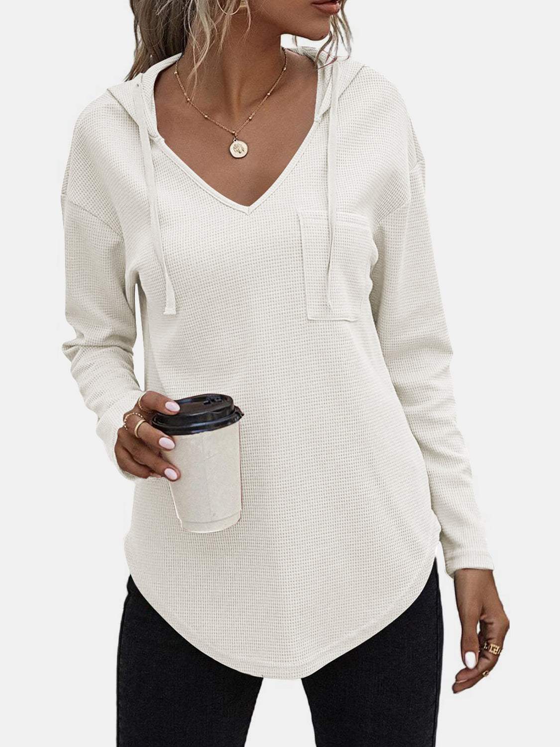 Drawstring Waffle Knit Long Sleeve Hooded Top - Trendsi - Flyclothing LLC