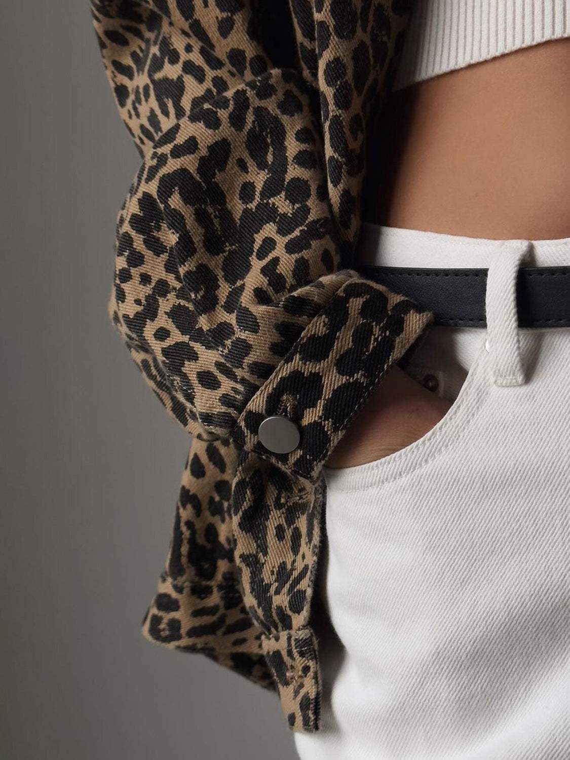 Leopard Button Up Long Sleeve Denim Top - Trendsi - Flyclothing LLC