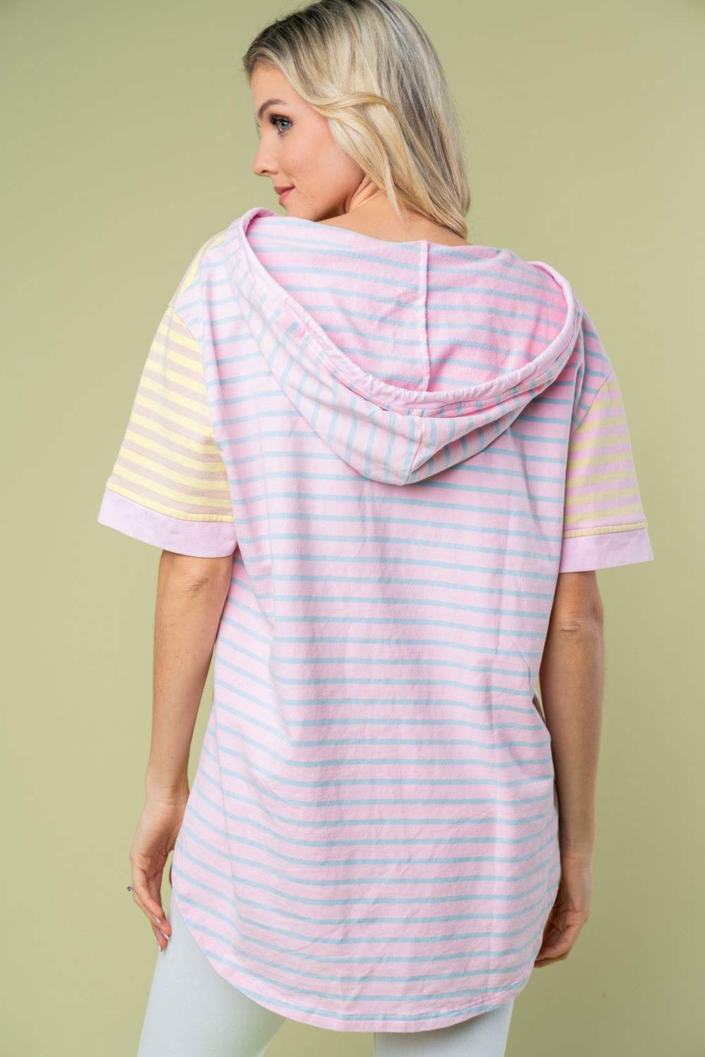 White Birch Full Size Striped Short Sleeve Drawstring Hooded Top - Trendsi - Flyclothing LLC