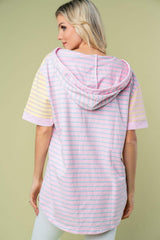 White Birch Full Size Striped Short Sleeve Drawstring Hooded Top - Trendsi - Flyclothing LLC