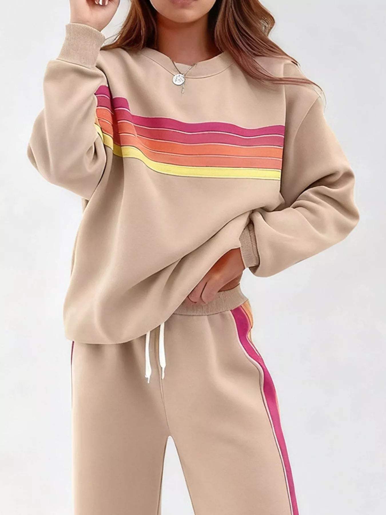 Striped Round Neck Sweatshirt and Pants Set - Trendsi - Flyclothing LLC