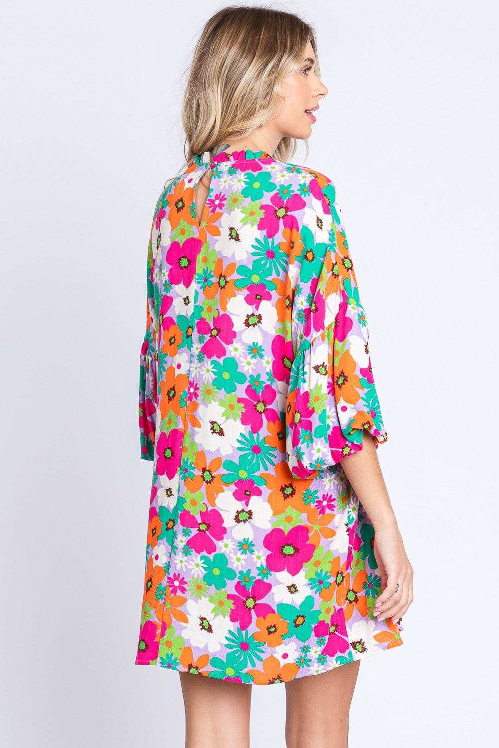 GeeGee Full Size Floral Round Neck Lantern Sleeve Mini Dress - Trendsi - Flyclothing LLC