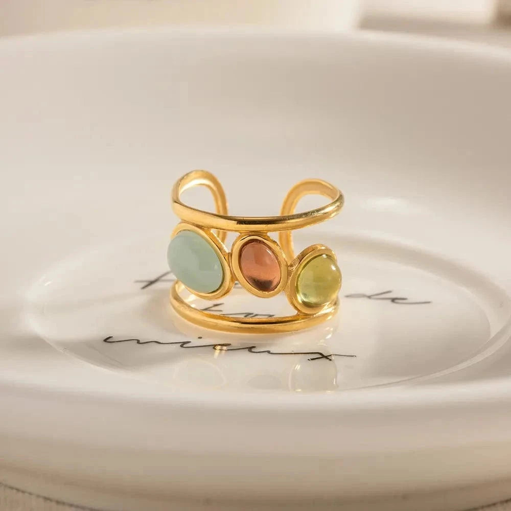 18K Gold-Plated Gemstone Open Cuff Ring - Trendsi