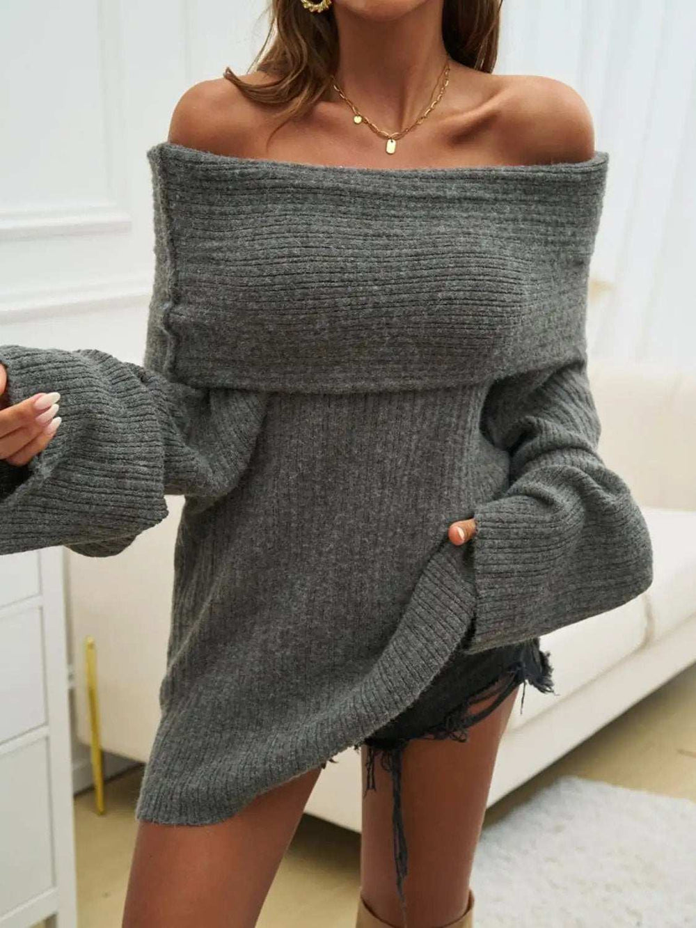 Off-Shoulder Extra-Long Sleeve Sweater - Trendsi - Flyclothing LLC
