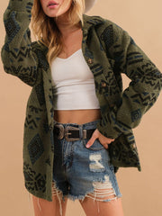 Geometric Button Up Long Sleeve Sherpa Jacket - Trendsi