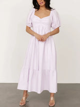 Striped Sweetheart Neck Puff Sleeve Midi Dress - Trendsi - Flyclothing LLC