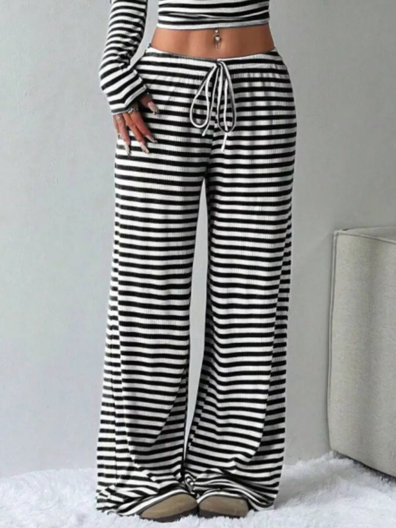 Striped Long Sleeve Crop Top and Wide Leg Pants Set - Trendsi - Flyclothing LLC