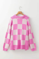Slit Checkered Half Button Long Sleeve Sweater - Trendsi - Flyclothing LLC