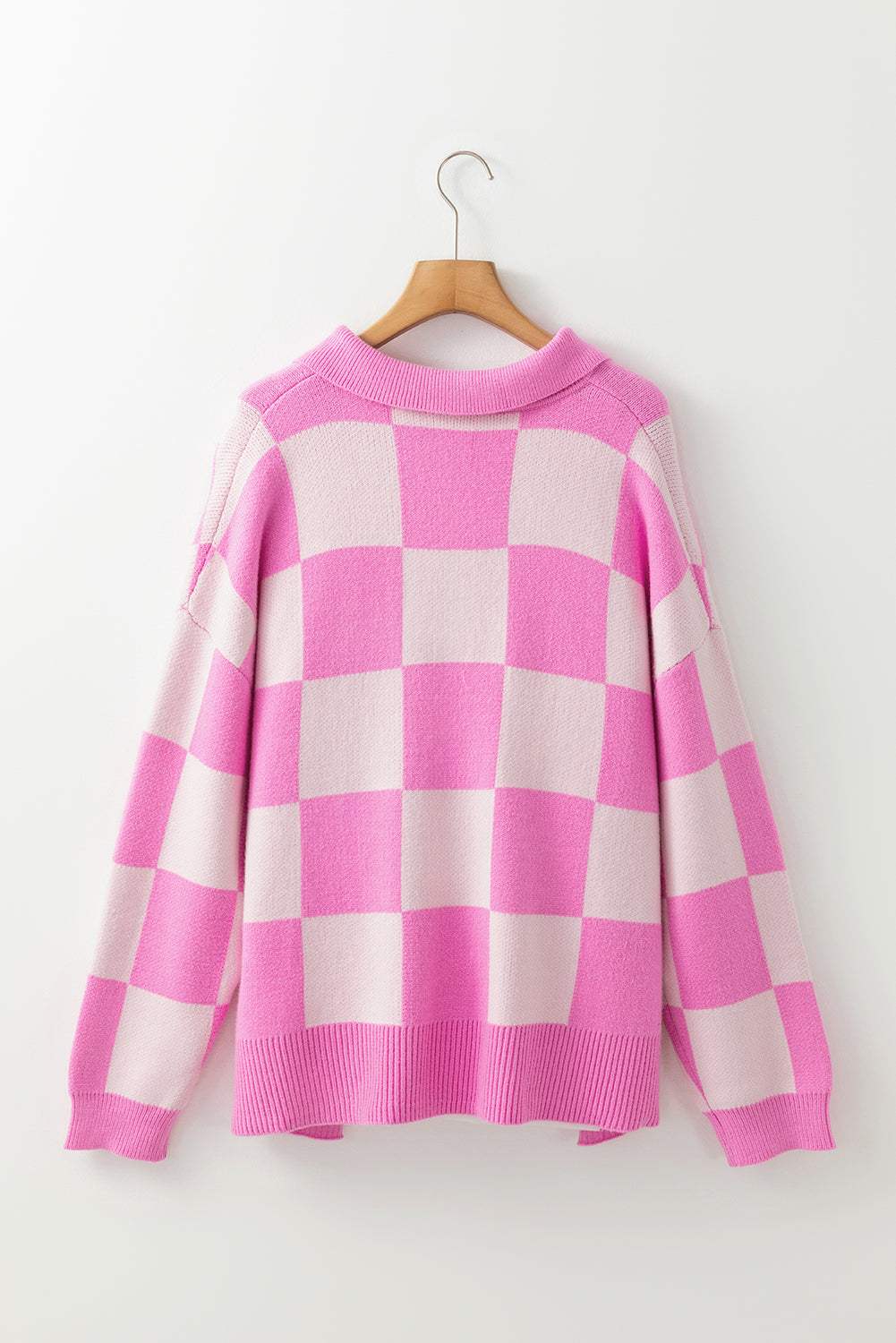 Slit Checkered Half Button Long Sleeve Sweater - Trendsi - Flyclothing LLC