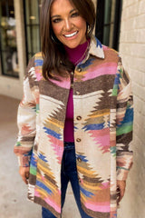 Geometric Button Up Long Sleeve Jacket - Trendsi - Flyclothing LLC
