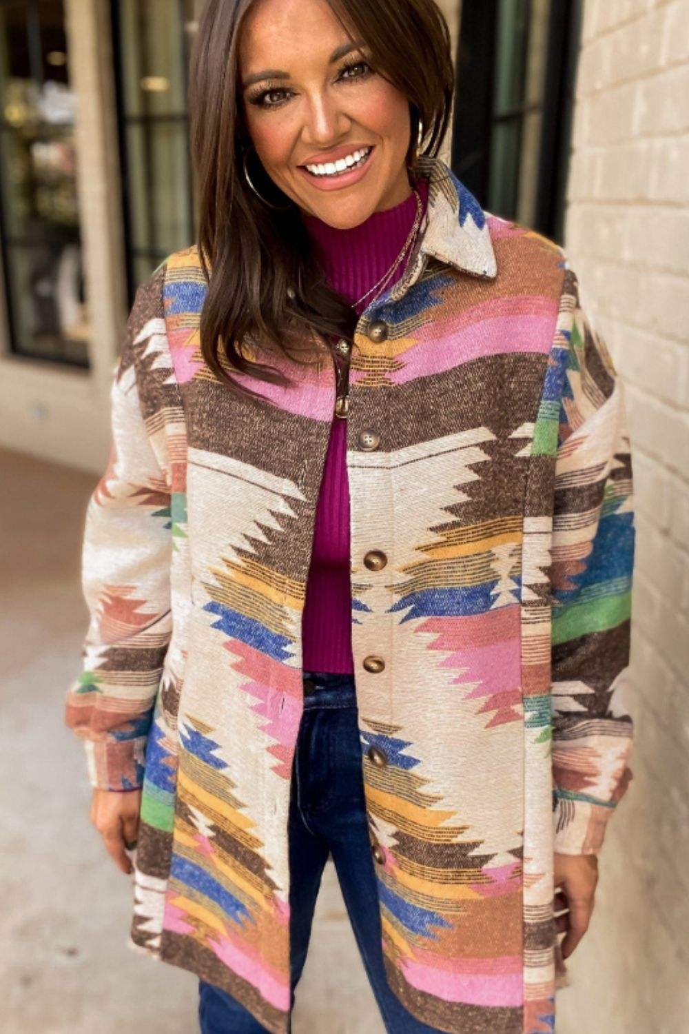 Geometric Button Up Long Sleeve Jacket - Trendsi - Flyclothing LLC