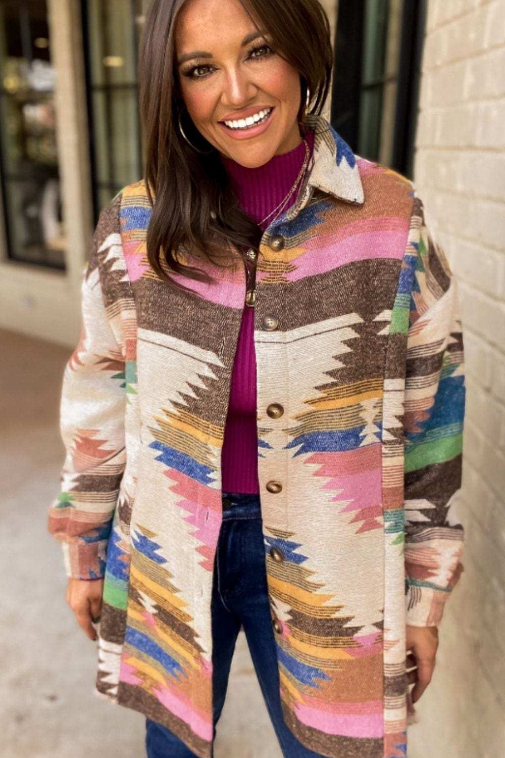 Geometric Button Up Long Sleeve Jacket - Trendsi - Flyclothing LLC