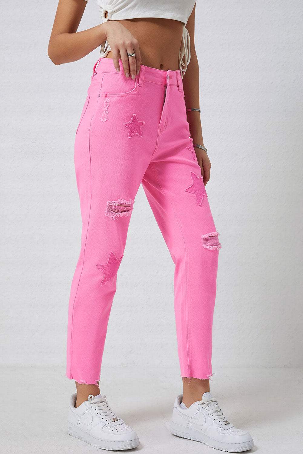 Star Raw Hem Distressed Jeans - Trendsi - Flyclothing LLC