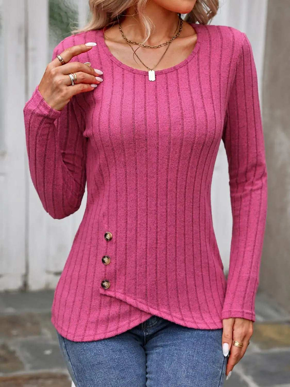 Decorative Button Round Neck Long Sleeve T-Shirt - Trendsi - Flyclothing LLC