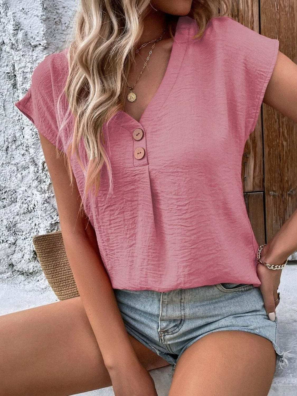 Decorative Button V-Neck Short Sleeve Blouse - Trendsi - Flyclothing LLC