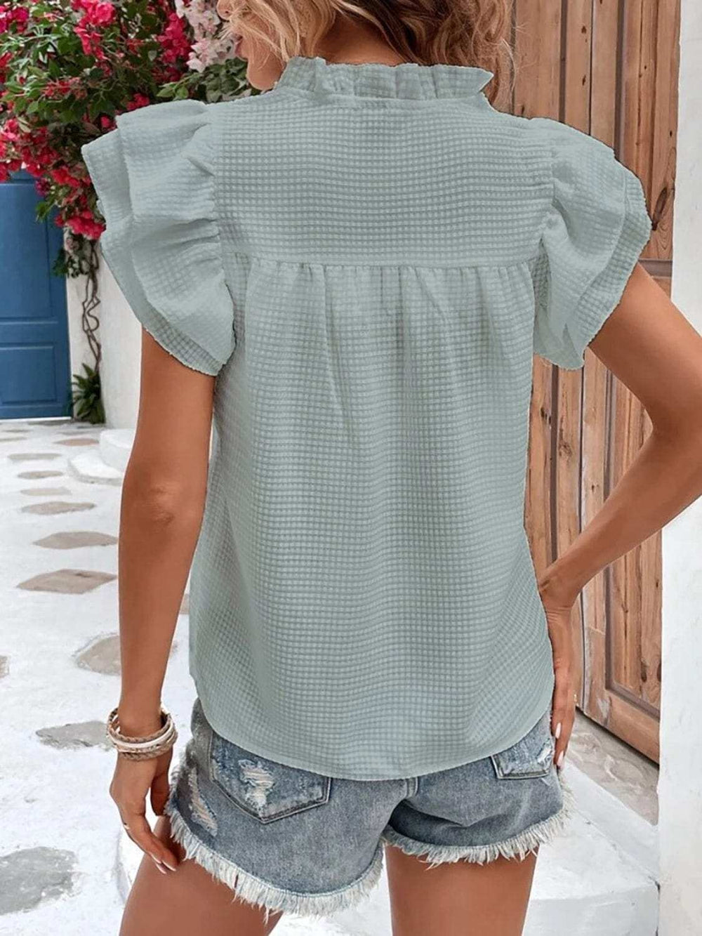 Ruffled Notched Cap Sleeve Blouse - Trendsi - Flyclothing LLC