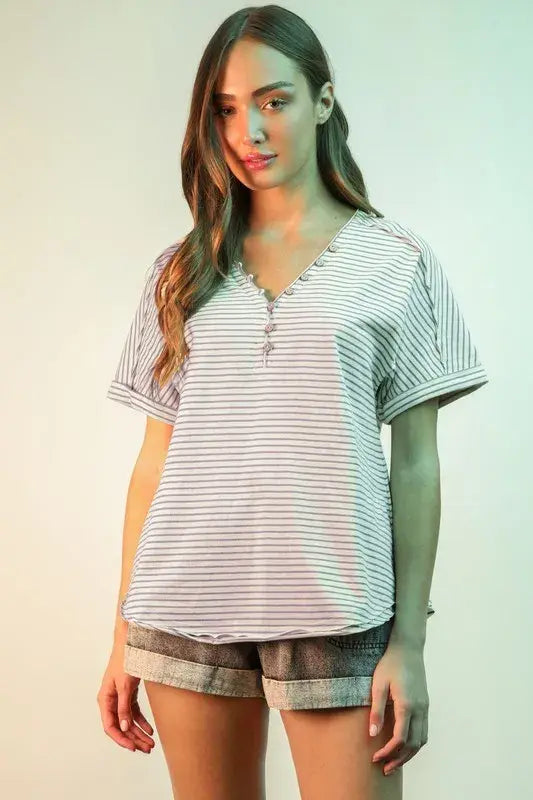 VERY J Striped V-Neck Short Sleeve T-Shirt - Trendsi - Flyclothing LLC