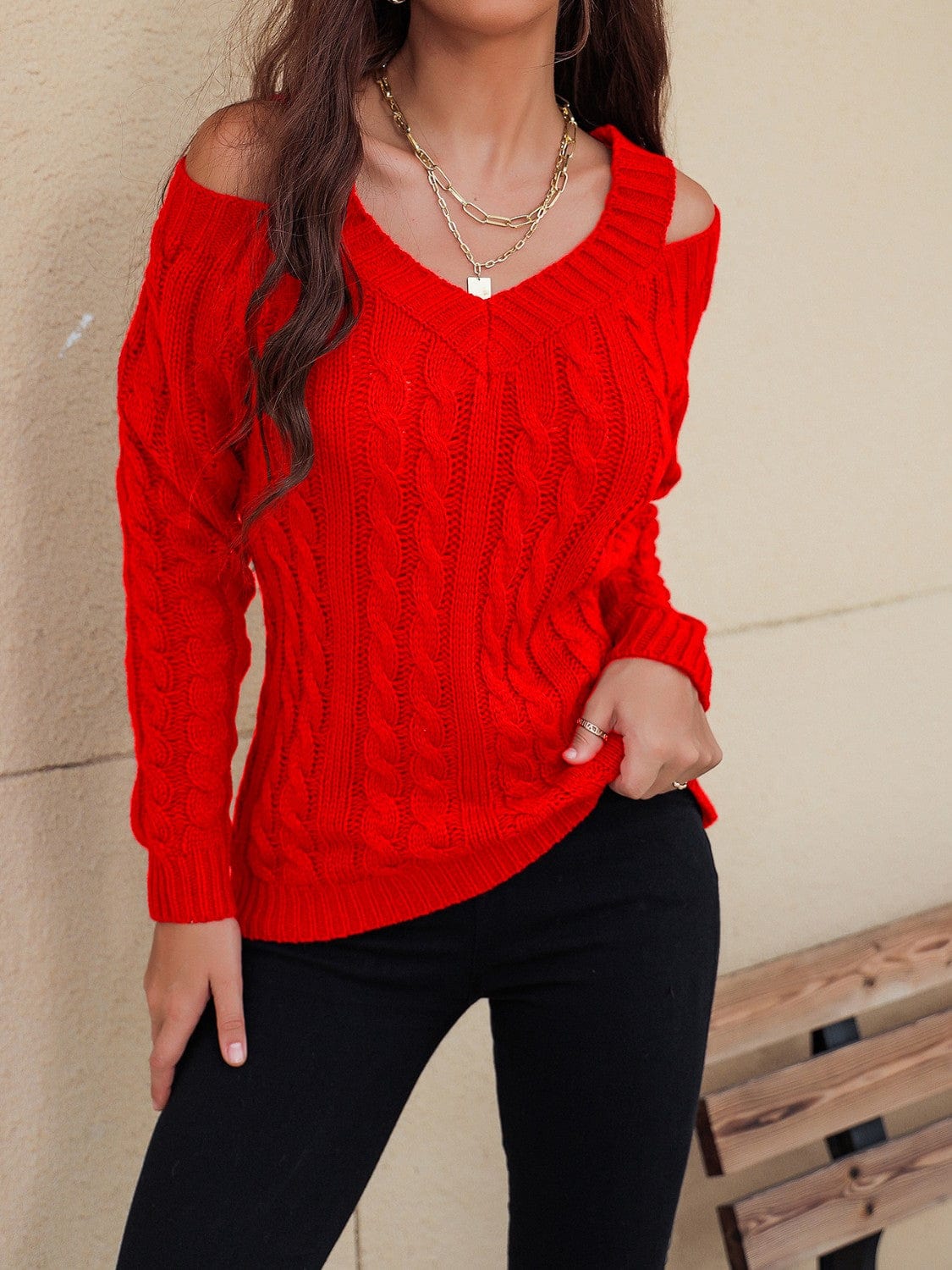 Honey Cable-Knit V-Neck Cold Shoulder Sweater - Trendsi