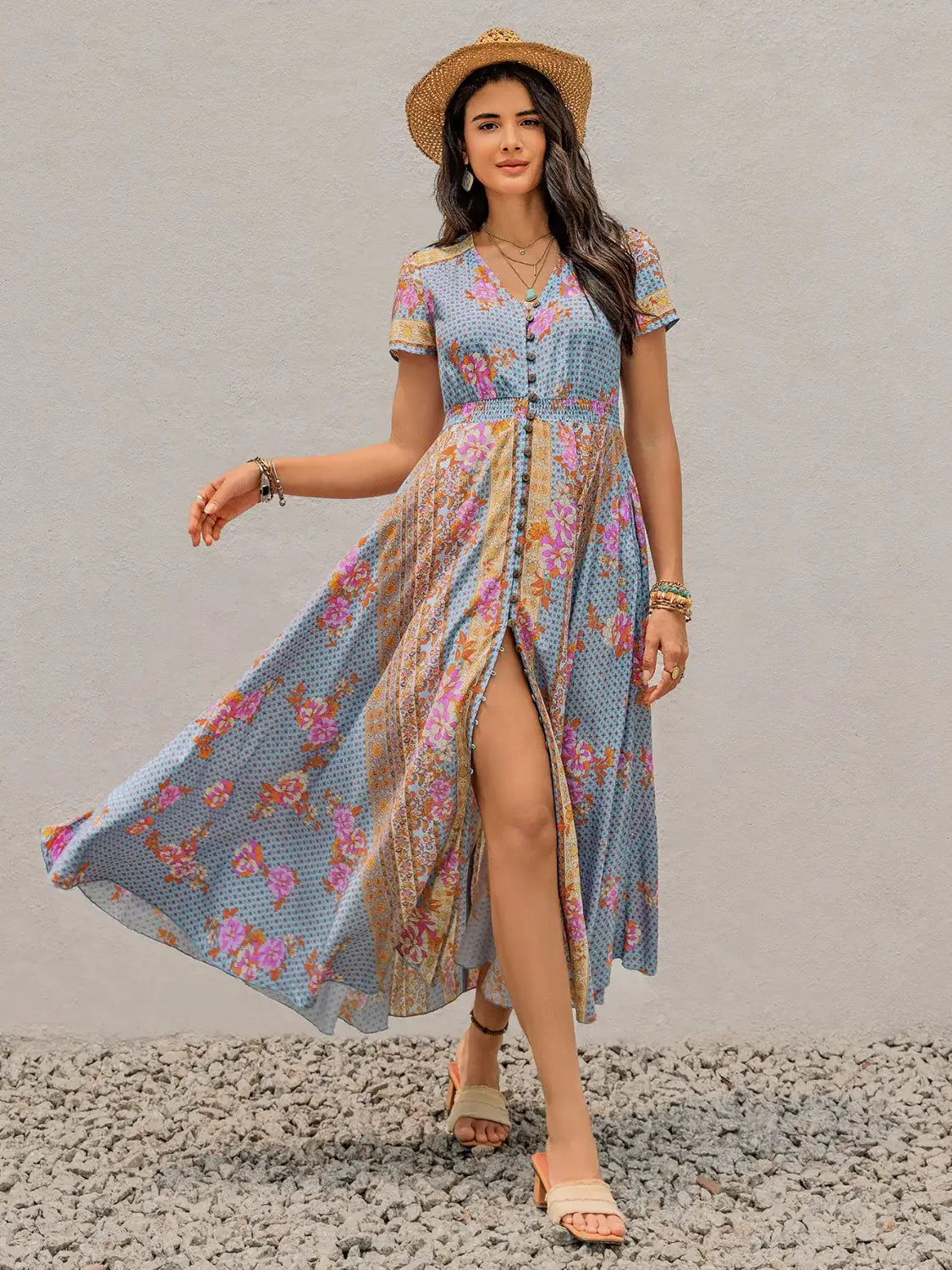 Smocked Floral V-Neck Short Sleeve Midi Dress - Trendsi - Flyclothing LLC