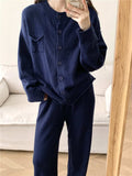 Pocketed Round Neck Button Up Cardigan and Pants Sweater Set - Trendsi - Flyclothing LLC